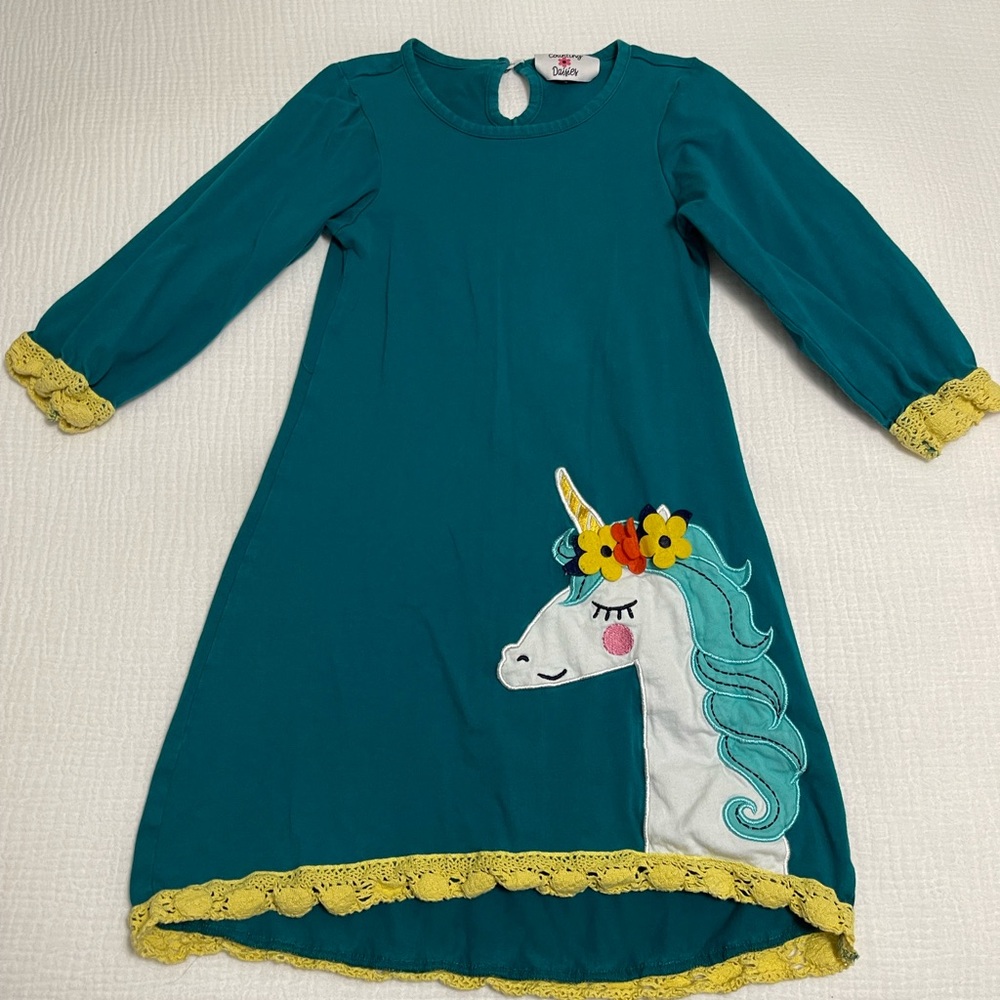 Tea Collection Teal Unicorn Dress with Yellow Trim